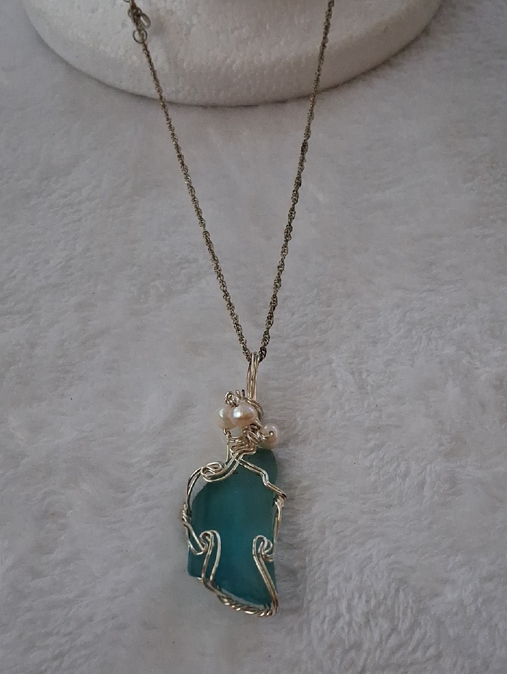 Hand Crafted Teal Sea Glass Pendant Necklace with Pearls and Silver Wire